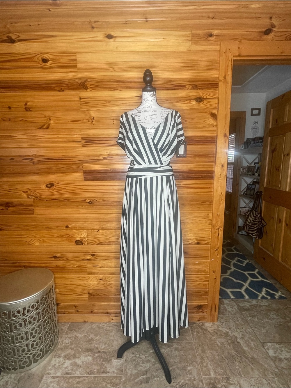 eshakti Black and White Striped Wrap Maxi Dress
